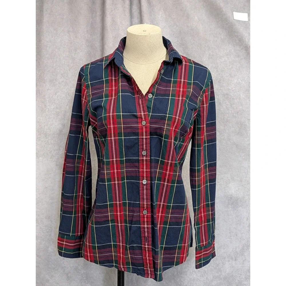 J. Crew Womens Tartan Plaid Button‎ Down Shirt Navy Red Green Long Sleeve Small